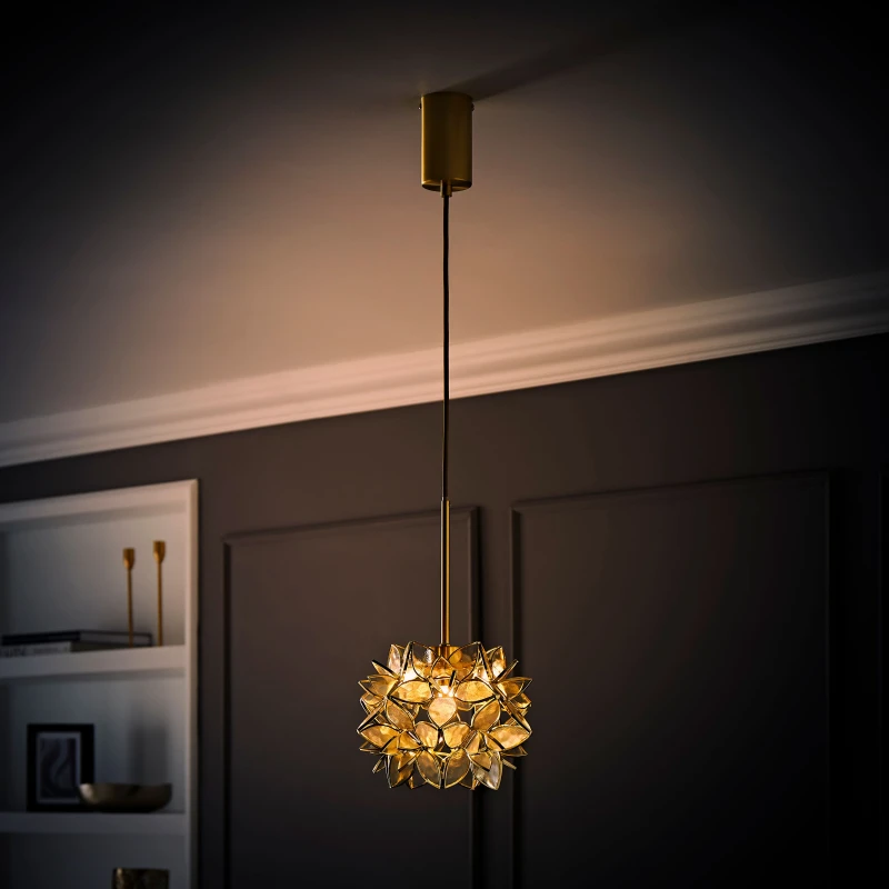 Image of ValueLights Reine Glass Flower Shade Brushed Gold Thread Ceiling Pendant Light with LED Bulb in Clear Clear Unisex