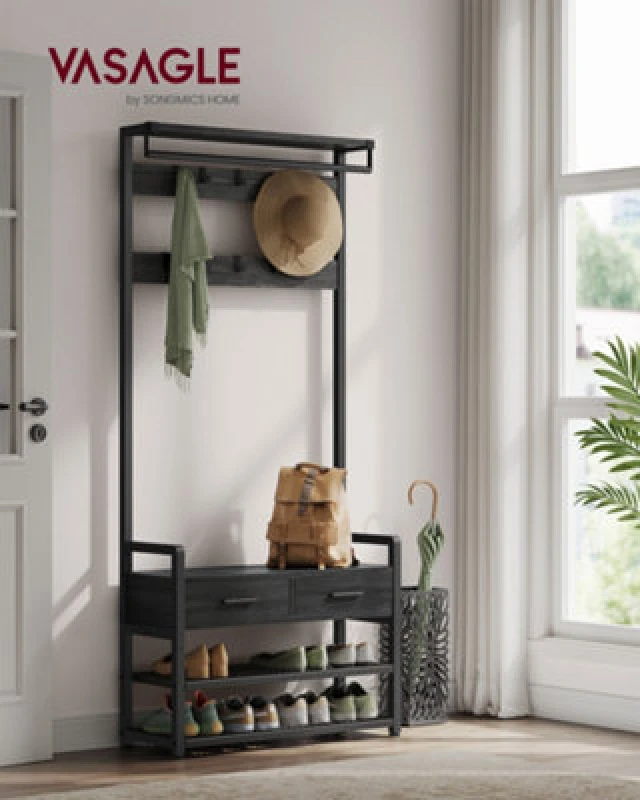 Image of Songmics Vasagle Hall Tree With Bench And Shoe Storage, Hallway Coat Rack With Shoe Bench, 2 Fabric Drawers, 10 Hooks