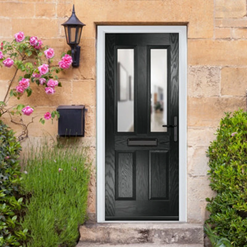 Image of Lacerta Composite Door Carnoustie Black 920mm X 2090mm Open In Left Hand Clear Glass 10 Year Guarantee - Free Delivery & Smart Lock