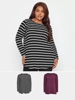 Image of Yours Long Sleeve Rib Swing Top 2 Pack. Purple & Mono Stripe - Multi, Purple, Size 26-28, Women