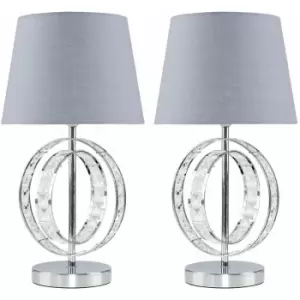 Image of Minisun - 2 x Chrome Acrylic Jewel Touch Table Lamps With Grey Light Shades