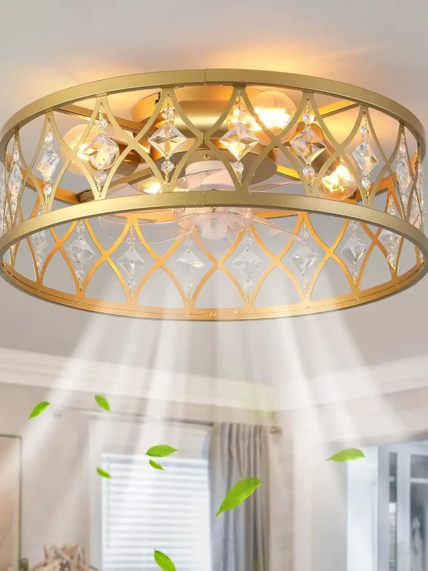 Image of Caged Ceiling Fan with Light,20" Ceiling Fans with Lights and Remote,Bladeless Fandelier Small Low Profile Ceiling Fan Light