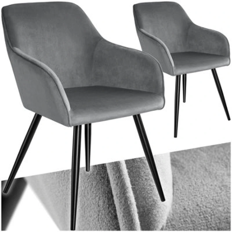 Image of Tectake Set Of 2 Dining Chair Marilyn - With Armrests, Padded, Velvet Look, Black Steel Legs - Grey/black