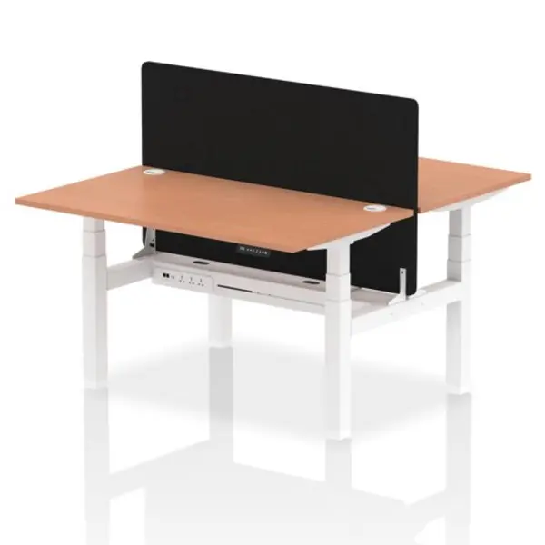 Image of Air Air Back-to-Back 1400 x 800mm Height Adjustable 2 Person Bench Desk Beech Top with Cable Ports White Frame with Black Straight Screen HASCP2P1480