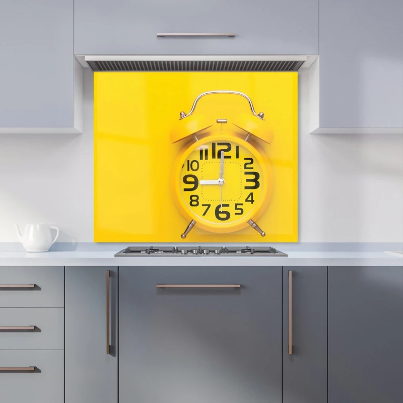Image of Warren Reed - Designer Yellow Alarm Clock Kitchen Splashback Size: 600mm x 750mm Yellow Unisex 600mm x 750mm