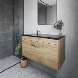 Image of Nuie - Athena Wall Hung 1-Drawer Vanity Unit with Sparkling Black Worktop 800mm Wide - Natural Oak