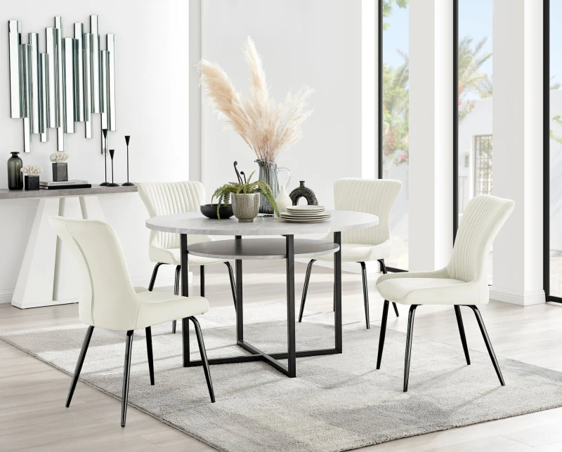 Image of FurnitureboxUK FurnitureboxUK Adley Grey Concrete Effect Round Dining Table & 4 Nora Black Leg Velvet Chairs in Cream Cream One Size Unisex 5056542684