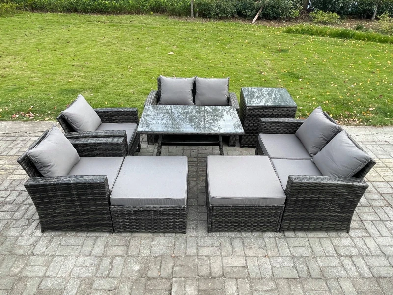 Image of Fimous Garden Furniture Sets 8 Pieces Wicker Rattan Furniture Manual Wicker Patio Sofa Patio Conversation Set with 2 Big Footstool in Dark Grey Dark G
