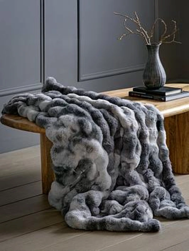 Image of Crossland Grove Marnie Marble Rabbit Fur Throw 1300X1700Mm, Grey 5.05669E+12