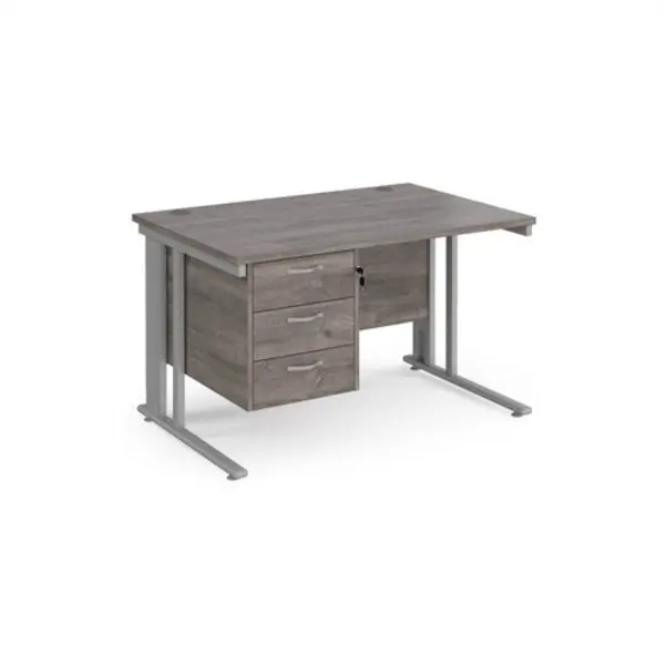 Image of Maestro 25 straight desk 1200mm x 800mm with 3 drawer pedestal - silver cable managed leg frame, grey oak top