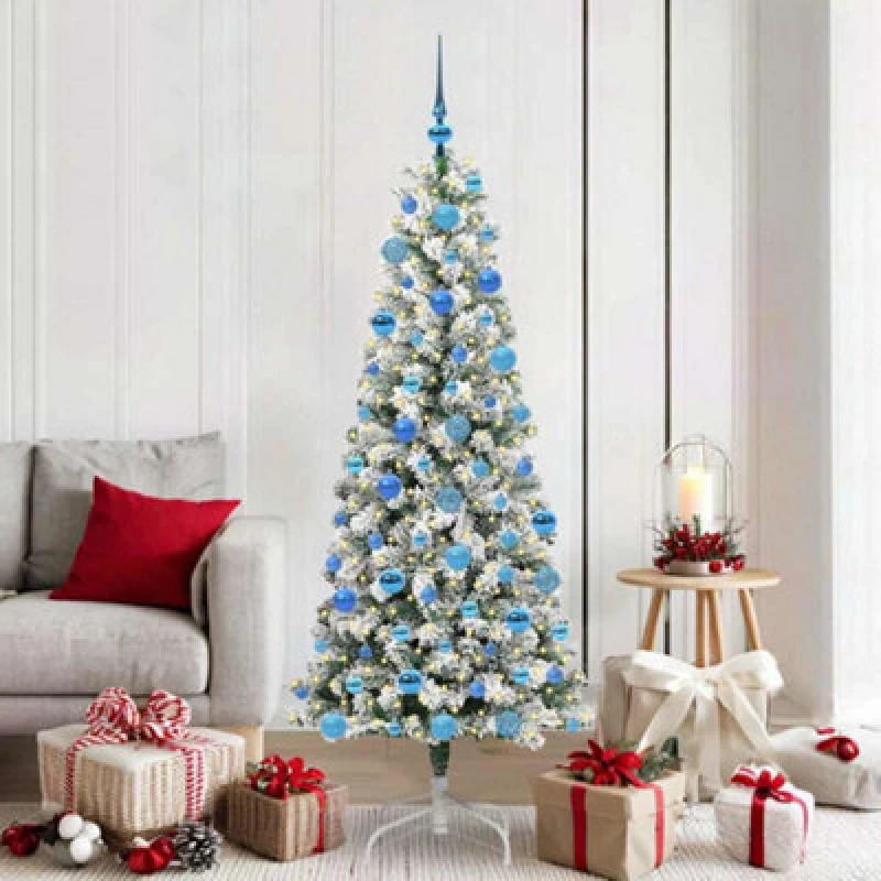 Image of vidaXL Artificial Hinged Christmas Tree with Blue Balls Green and white 180 cm, Green 3395602
