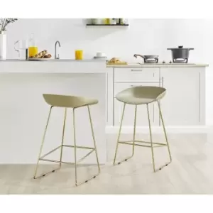Image of Set of 2 Furniturebox Harper Bar Stools In Taupe With Gold Metal Legs Modern Industrial Minimalist Dining Living Room Bedroom Plastic