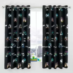 Image of Catherine Lansfield Kids Game Over Reversible Eyelet Curtains, Black, 66 x 72 Inch