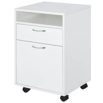 Image of HOMCOM 60cm Storage Cabinet w/ Drawer Open Shelf Metal Handles 4 Wheels Office Home Organiser Mobile Printer White AOSOM UK