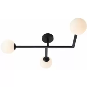 Image of Matt Black Semi Fush Bathroom Ceiling Light & Opal Glass Shade - 3 Bulb Fitting