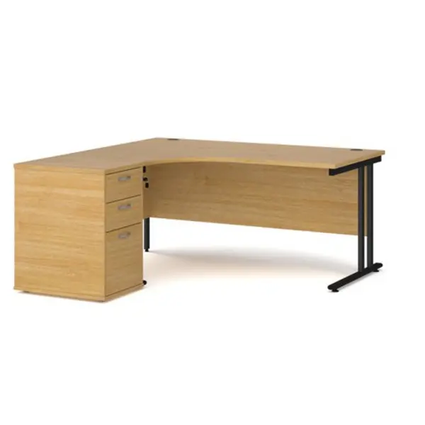 Image of Office Desk Left Hand Corner Desk 1600mm With Pedestal Oak Top With Black Frame Maestro 25