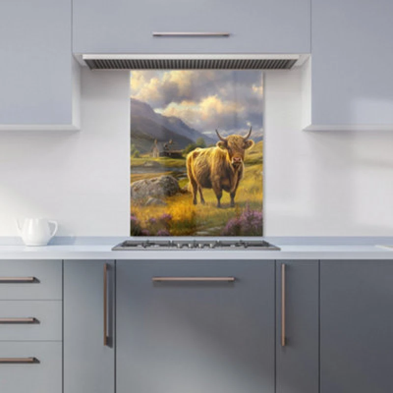 Image of Warren Reed Designer Springtime Highland Cow Kitchen Splashback