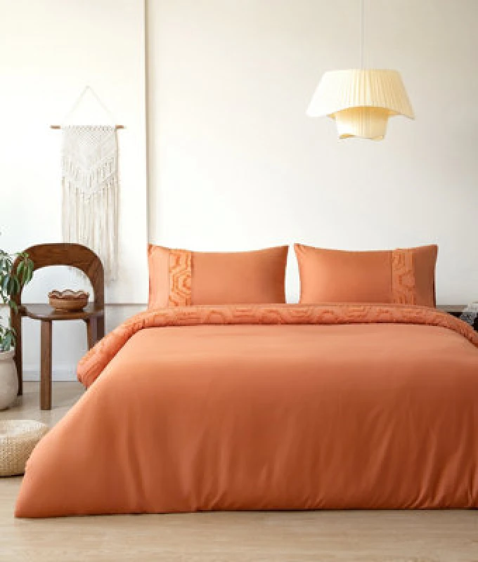 Image of Velosso Chic Bedroom Tufted Duvet Cover Set With Pillowcases, Vibrant Bed Linen Set, Button Enclosure, Easy-Care Machine Washable - Orange