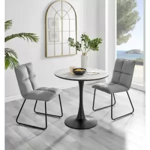 Image of Furniturebox Elina White Marble Effect Modern 80cm Round Dining Table & 2 Light Grey Menen Velvet Chairs