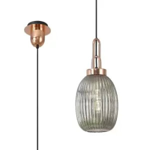 Image of Yorktown Ceiling Pendant E27 With 20cm Almond Ribbed Glass, Smoked Copper, Matt Black