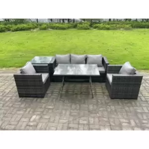 Image of Fimous 5 Seater Outdoor Dark Grey Rattan Lounge Complete Sofa Set with Oblong Dining Table and Side Table