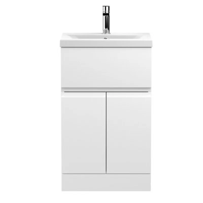 Image of Nuie Hudson Reed Urban Floor Standing 2 Door 1 Drawer Vanity Unit With Mid-Edge Basin, Durable Modern Vanity Unit In Satin White, 500mm