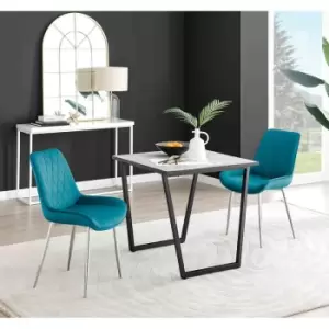 Image of Furniture Box Carson White Marble Effect Square Dining Table and 2 Blue Pesaro Silver Chairs