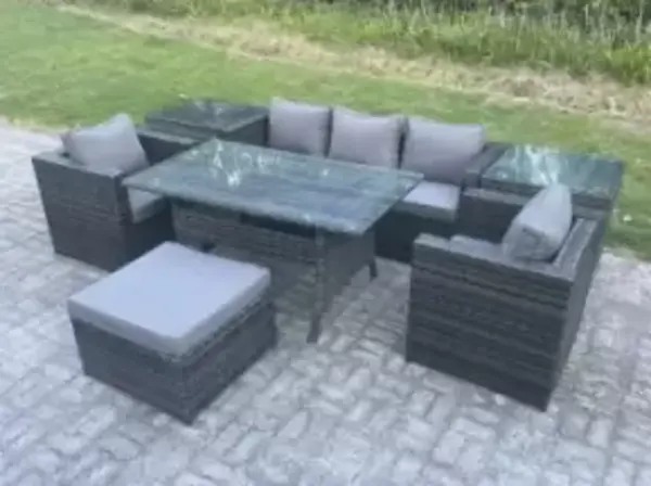 Image of Fimous 5 Seater Outdoor Dark Grey Rattan Lounge Complete Sofa Set with 2 Side Table and Big Footstool