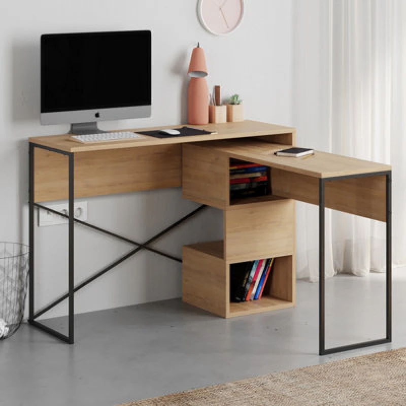 Image of Decortie Modern Badau L-Shaped Computer Desk Oak Black Metal Legs 3 Adjustable Storage Shelf Extra Table 110Cm(W) Work PC Office