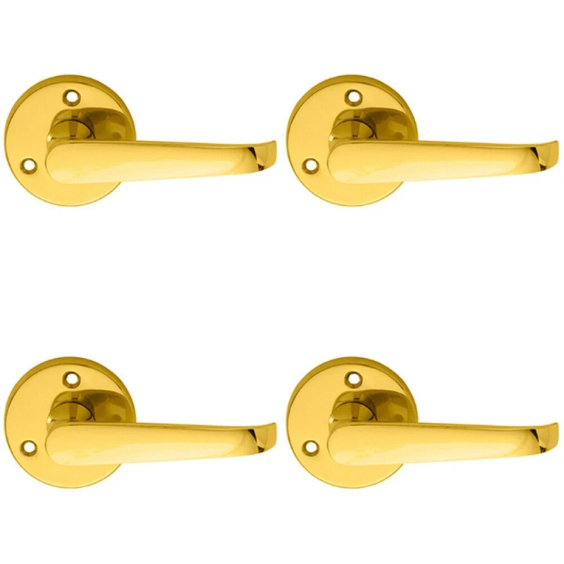 Image of Loops 4x PAIR Victorian Straight Shaped Lever on 59mm Round Rose Polished Brass Handle Metallics