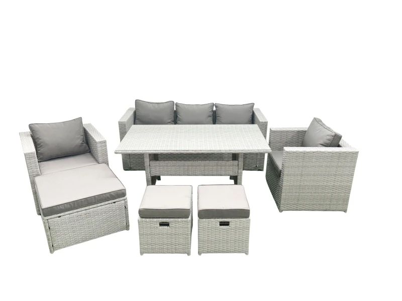 Image of Fimous Garden Dining Set Outdoor Rattan Furniture Set with Sofa Dining Table 2 Chairs 3 Footstools Light Grey Mixed Light Grey