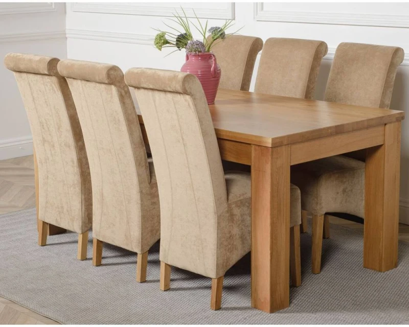 Image of Thats Furniture Dakot 182 x 92cm Oak Large Dining Table & 6 Montana Fabric Chairs in Beige Size: 182 x 92cm Beige Unisex 182 x 92 cm
