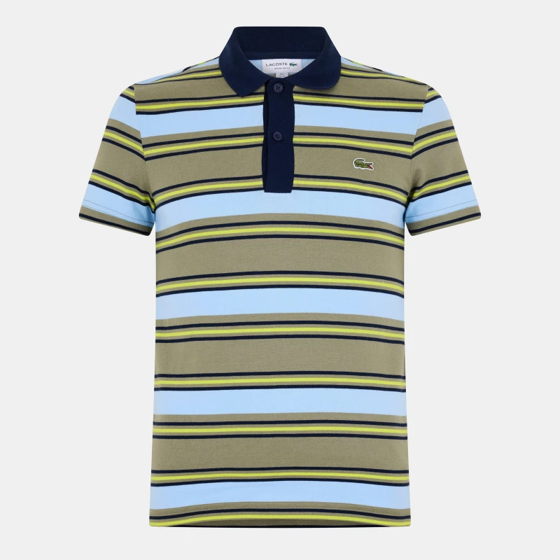 Image of Lacoste Regular Fit Striped Cotton Polo Shirt Khaki Green/Blue L