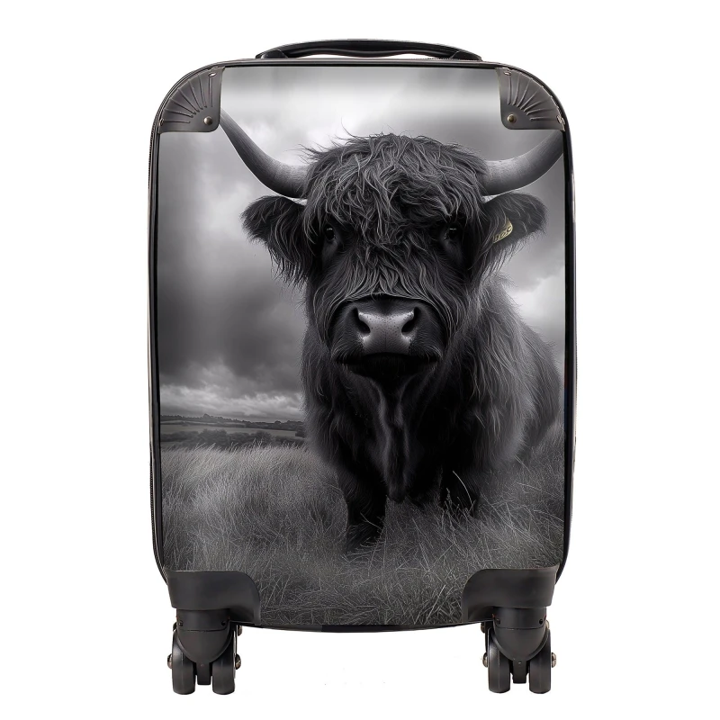 Image of Warren Reed - Designer Black & White Highland Cow Suitcase in Grey Size: Small Grey Unisex Small