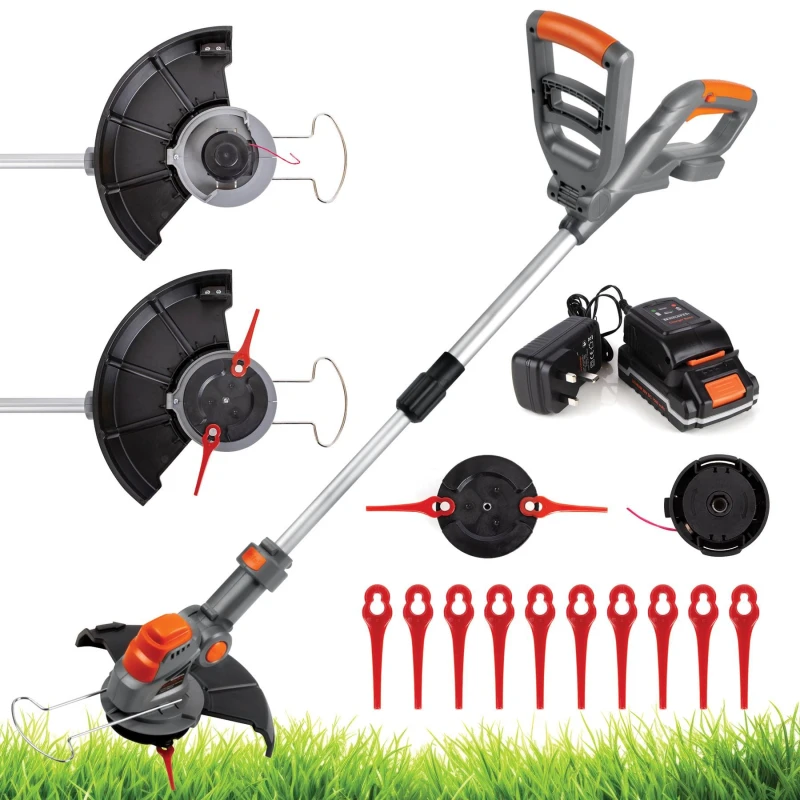 Image of Terratek 20V Cordless Strimmer, Lightweight Grass Cutter, 10 Blades, Includes 1 Fast Charge Battery & 1 Charger Orange