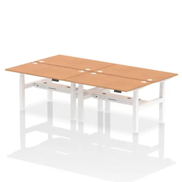 Image of Air Air Back-to-Back 1400 x 800mm Height Adjustable 4 Person Bench Desk Oak Top with Cable Ports White Frame HASCP4P14800OAKW