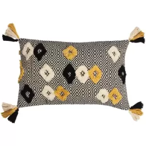 Image of Furn Benji Tufted Diamonds 100% Cotton Tasselled Cushion Cover, Black/Ochre, 30 x 50 Cm