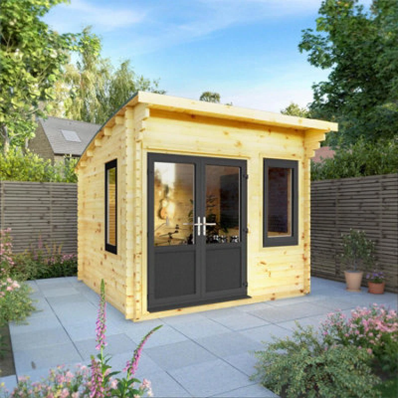 Image of Waltons 3M X 3M Curved Roof Log Cabin 44mm Upvc Windows And Doors - Grey