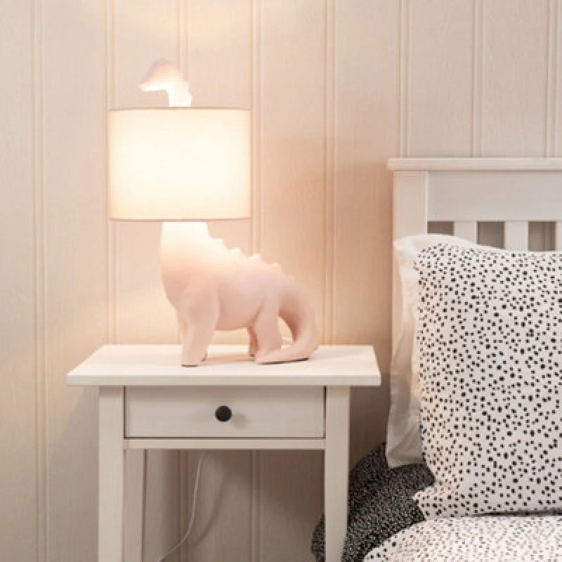 Image of ValueLights Kids Pink Dinosaur Bedside Table Lamp with Drum Fabric Shade Pink