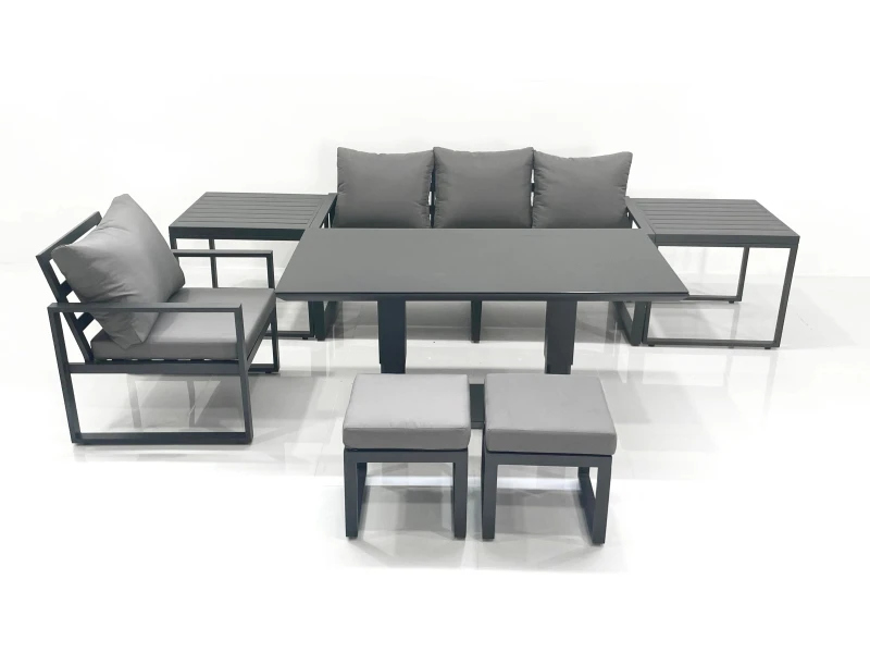 Image of Fimous 6 Seater Garden Sofa Set Aluminium Furniture Rising Dining Tabe Set with Chair 2 Side Table 2 Small Footstools Dark Grey Dark Grey Unisex