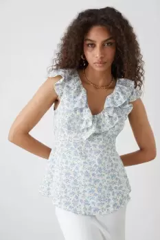 Image of Blue Ditsy Ruffle Front Shell Blouse