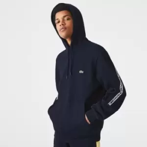 Image of Mens Lacoste Classic Fit Printed Bands Hooded Sweatshirt Size 3 - S Navy Blue