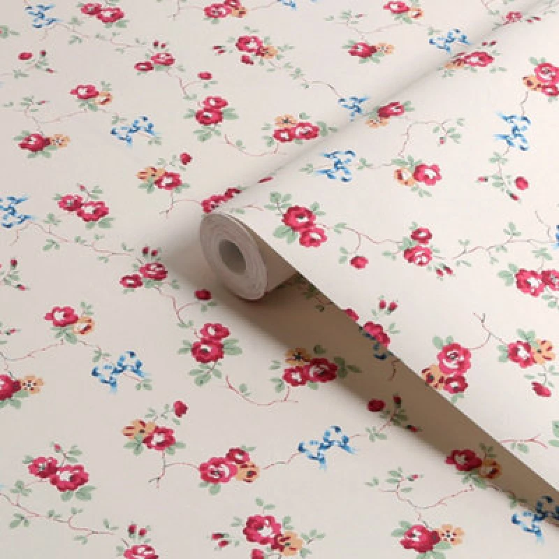 Image of Cath Kidston Rose & Bows Cream Floral Wallpaper Wallpaper One Size Cream 71745969000