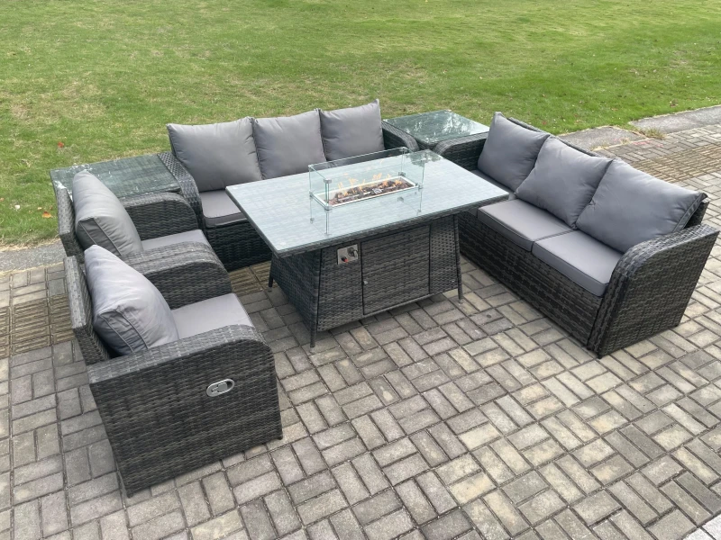 Image of Fimous Patio Rattan Garden Furniture Set with Fire Pit Table,Chair and Side Table 8 Seater Outdoor Indoor Lounge Sofa Set Dark Grey