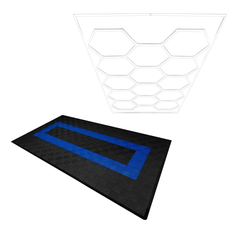 Image of Monstershop Hexagon LED Light & Vented Garage Floor Tiles With Edges - 90 Black & 30 Blue Grey
