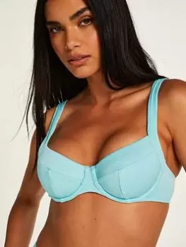 Image of Hunkemoller Texture Underwired Bikini Top - Blue Size 34E, Women