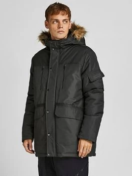 Image of Jack & Jones Globe Faux Fur Hooded Parka, Black, Size S, Men