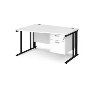 Image of Office Desk Left Hand Wave Desk 1400mm With Pedestal White Top With Black Frame Maestro 25 MCM14WLP2KWH