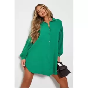 Image of I Saw It First Linen Crinkle Oversized Shirt Dress - Green