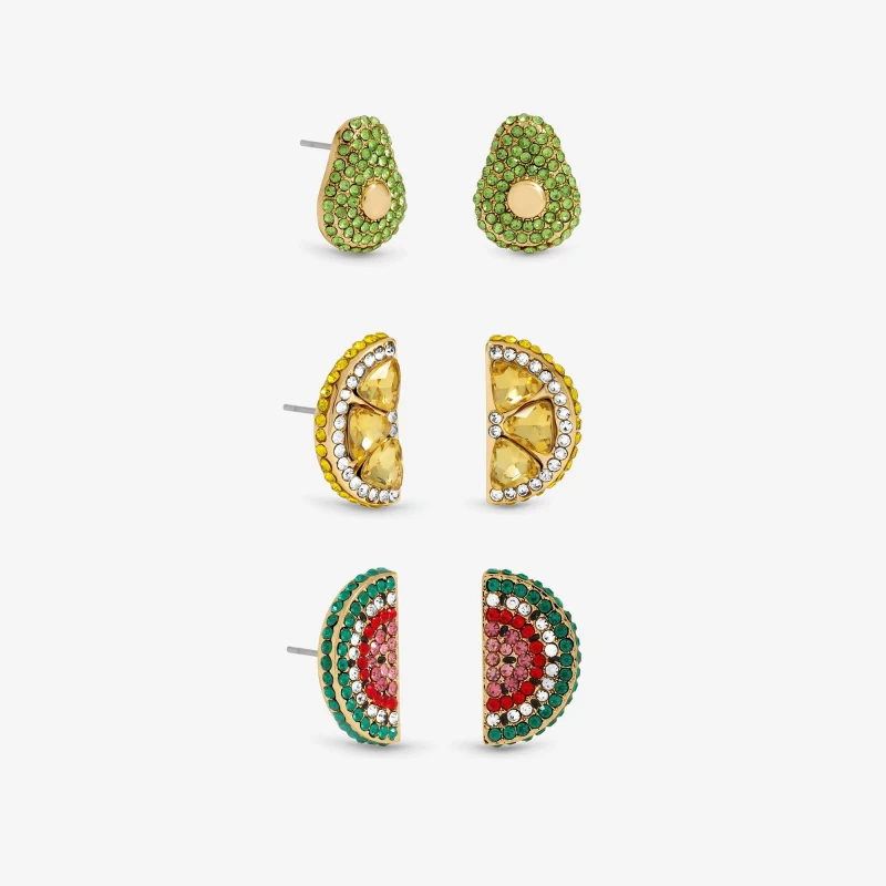 Image of Mood Gold Plated and Crystal Fruit Earrings - Pack of 3 Gold female One Size